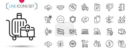 Illustration for Pack of Door, Dish and Gift card line icons. Include Car charge, Card, Canister pictogram icons. Smartphone, Cogwheel, Smile face signs. Cloud computing, Smile, Engineering team. Vector - Royalty Free Image