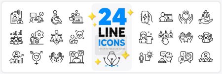 Illustration for Icons set of Inclusion, Genders and Ranking line icons pack for app with Correct checkbox, Hold heart, Disability thin outline icon. Clean shirt, Build, Social media pictogram. Vector - Royalty Free Image