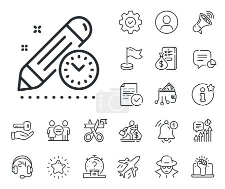 Photo for Time management sign. Salaryman, gender equality and alert bell outline icons. Project deadline line icon. Clock symbol. Project deadline line sign. Spy or profile placeholder icon. Vector - Royalty Free Image