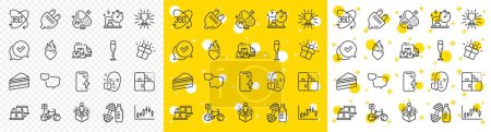 Illustration for Outline Approved, Smartphone charging and Augmented reality line icons pack for web with Delivery truck, Timer, Dumbbell line icon. Champagne glass, Puzzle, Speech bubble pictogram icon. Vector - Royalty Free Image