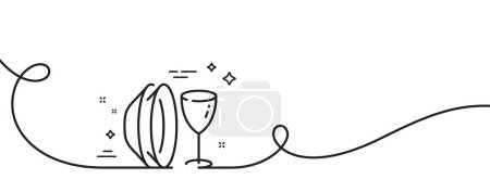 Téléchargez les illustrations : Icône de ligne de plat plat. Continu une ligne avec boucle. Vaisselle enseigne en verre à vin. symbole des ustensiles de cuisine. Plat plat ruban contour unique. Courbe de boucle. Vecteur - en licence libre de droit