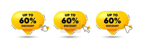 Illustration for Up to 60 percent discount. Click here buttons. Sale offer price sign. Special offer symbol. Save 60 percentages. Discount tag speech bubble chat message. Talk box infographics. Vector - Royalty Free Image