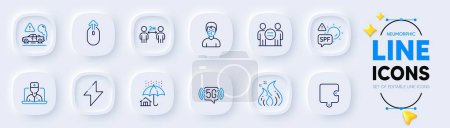 Illustration for Energy, Telemedicine and Fire energy line icons for web app. Pack of Medical mask, Home insurance, Spf protection pictogram icons. Puzzle, 5g wifi, Ethics signs. Social distancing. Vector - Royalty Free Image