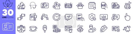 Illustration for Music making, Alarm sound and Parcel invoice line icons pack. Click hands, Deflation, Gift web icon. Waterproof, Love letter, Warning briefcase pictogram. Packing boxes. Design with pen tool. Vector - Royalty Free Image