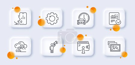 Illustration for Checked calculation, Recovery gear and Co2 gas line icons pack. 3d glass buttons with blurred circles. Brand ambassador, Wallet, Book car web icon. Voicemail, Photo album pictogram. Vector - Royalty Free Image