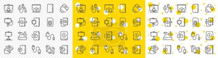 Illustration for Sim card, selfie stick and wireless charger set. Mobile accessories line icons. Power bank battery, mobile headphones and usb type-c cable line icons. Fast charger, phone accessories. Vector - Royalty Free Image