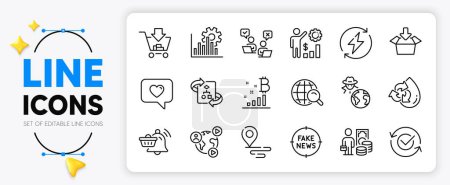 Illustration for Employees wealth, Approved and Place line icons set for app include Fake news, Video conference, Seo graph outline thin icon. Get box, Notification cart, Fraud pictogram icon. Vector - Royalty Free Image