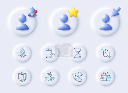 Illustration for Time hourglass, Scroll down and Wind energy line icons. Placeholder with 3d cursor, bell, star. Pack of Heart flame, Share call, Hold smartphone icon. Vector - Royalty Free Image