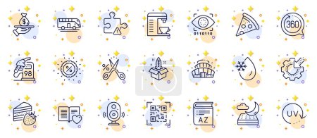 Outline set of Night mattress, Cut tax and Startup line icons for web app. Include 360 degrees, Love book, Pizza pictogram icons. Vocabulary, Speaker, Qr code signs. Arena stadium. Vector
