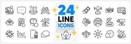 Illustration for Icons set of Teacher, Question button and Inflation line icons pack for app with Certificate, Survey check, Messenger thin outline icon. Buying currency, Diagram chart, Fake news pictogram. Vector - Royalty Free Image