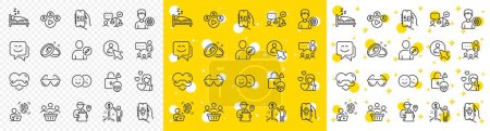 Illustration for Outline Like, Support and Lawyer line icons pack for web with Love, Buyers, Cyber attack line icon. User, Music app, Wedding rings pictogram icon. Delivery man, Father day, Smile face. Vector - Royalty Free Image