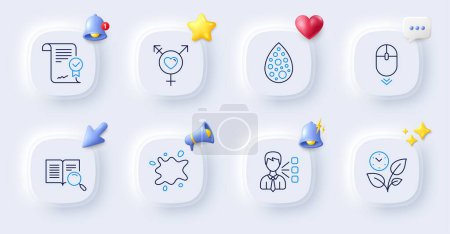 Illustration for Search text, Third party and Artificial colors line icons. Buttons with 3d bell, chat speech, cursor. Pack of Dirty spot, Leaves, Scroll down icon. Approved agreement, Genders pictogram. Vector - Royalty Free Image