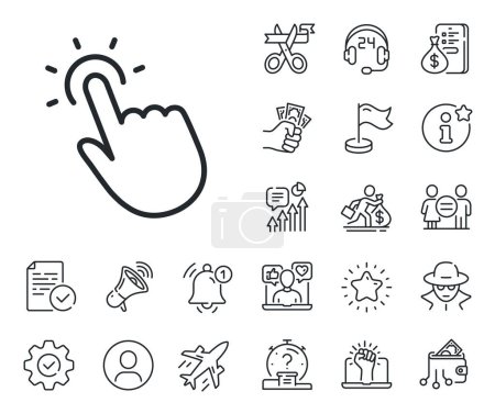 Illustration for Click here sign. Salaryman, gender equality and alert bell outline icons. Touchpoint line icon. Touch technology symbol. Touchpoint line sign. Spy or profile placeholder icon. Vector - Royalty Free Image
