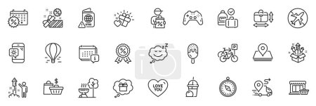 Illustration for Icons pack as Gamepad, Marketplace and Delivery line icons for app include Pin, Delivery discount, Weather phone outline thin icon web set. Gift dream, Discount medal, Sleep pictogram. Vector - Royalty Free Image