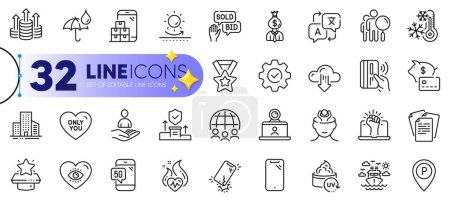 Illustration for Outline set of Parking, Manager and Security agency line icons for web with Meditation eye, Video conference, Cloud download thin icon. Piggy bank, Translate, Global business pictogram icon. Vector - Royalty Free Image