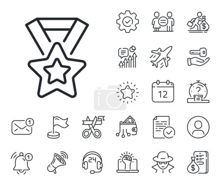 Illustration for Award star medal sign. Salaryman, gender equality and alert bell outline icons. Winner ribbon line icon. Best achievement symbol. Winner ribbon line sign. Spy or profile placeholder icon. Vector - Royalty Free Image