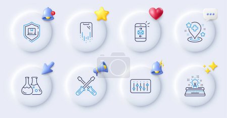 Illustration for Chemistry lab, Screwdriverl and Hospital line icons. Buttons with 3d bell, chat speech, cursor. Pack of Mail, Typewriter, Smartphone recovery icon. Package protection, Dj controller pictogram. Vector - Royalty Free Image