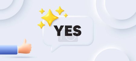 Illustration for Yes text tag. Neumorphic background with chat speech bubble. Approved ok message. Done or Good deal symbol. Yes speech message. Banner with like hand. Vector - Royalty Free Image