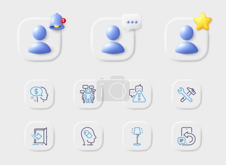 Illustration for Stand lamp, Pay and Phone message line icons. Placeholder with 3d star, reminder bell, chat. Pack of Warning, Spanner tool, Voting campaign icon. Depression treatment, Entrance pictogram. Vector - Royalty Free Image