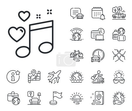 Illustration for Romantic musical note sign. Plane jet, travel map and baggage claim outline icons. Love music line icon. Couple relationships symbol. Love music line sign. Car rental, taxi transport icon. Vector - Royalty Free Image
