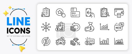 Illustration for Car leasing, Report and Card line icons set for app include New, Cash back, Checklist outline thin icon. Finance, Wallet, Report diagram pictogram icon. Cashback, Loyalty star, Bitcoin system. Vector - Royalty Free Image