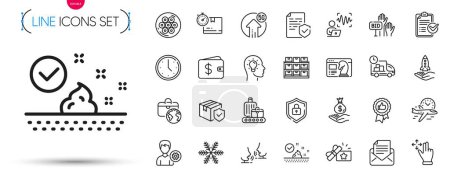 Illustration for Pack of Dollar wallet, Move gesture and Flight time line icons. Include Loyalty gift, Shield, Parcel insurance pictogram icons. Storage, Cable section, Positive feedback signs. Vector - Royalty Free Image