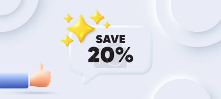 Illustration for Save 20 percent off tag. Neumorphic background with chat speech bubble. Sale Discount offer price sign. Special offer symbol. Discount speech message. Banner with like hand. Vector - Royalty Free Image