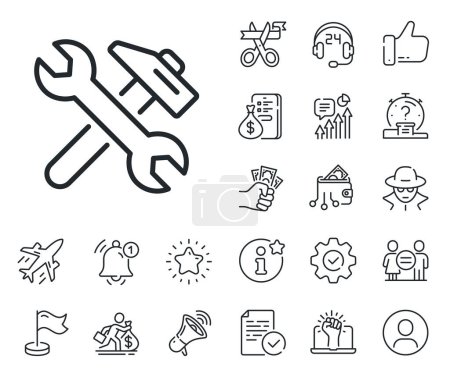 Illustration for Fix service sign. Salaryman, gender equality and alert bell outline icons. Repair line icon. Wrench and hammer tool symbol. Repair line sign. Spy or profile placeholder icon. Vector - Royalty Free Image