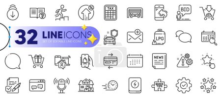 Illustration for Outline set of Messenger, Speech bubble and Execute line icons for web with Home moving, Credit card, Shopping thin icon. Auction, Loan percent, Quick tips pictogram icon. Voting ballot. Vector - Royalty Free Image