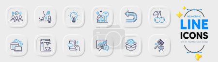 Illustration for Buying house, Accounting and Squad line icons for web app. Pack of Software, Grill basket, Undo pictogram icons. Microphone, Coffee maker, Energy signs. Cherry, Packing boxes, Call center. Vector - Royalty Free Image