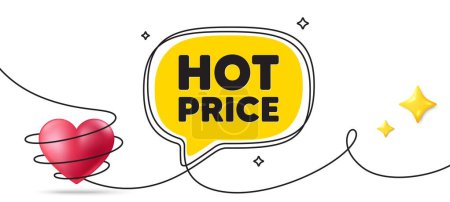 Illustration for Hot Price tag. Continuous line art banner. Special offer Sale sign. Advertising Discounts symbol. Hot price speech bubble background. Wrapped 3d heart icon. Vector - Royalty Free Image