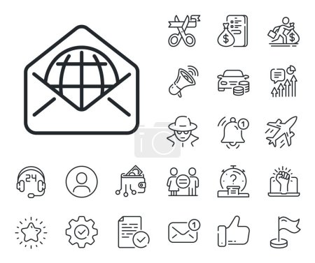 Illustration for Message correspondence sign. Salaryman, gender equality and alert bell outline icons. Web Mail line icon. E-mail symbol. Web Mail line sign. Spy or profile placeholder icon. Vector - Royalty Free Image