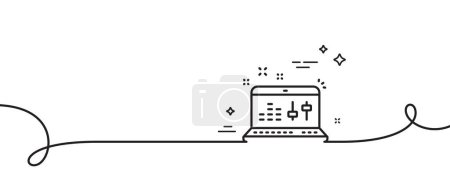 Illustration for Sound check line icon. Continuous one line with curl. DJ controller sign. Musical app on laptop symbol. Sound check single outline ribbon. Loop curve pattern. Vector - Royalty Free Image