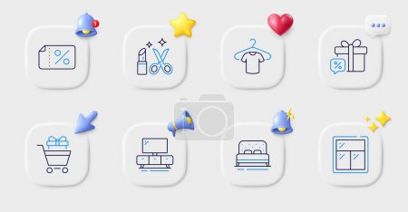 Illustration for Beauty, T-shirt and Tv stand line icons. Buttons with 3d bell, chat speech, cursor. Pack of Shopping trolley, Sale gift, Discount banner icon. Bed, Window pictogram. For web app, printing. Vector - Royalty Free Image