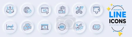 Illustration for Bid offer, Market and Ad line icons for web app. Pack of Refund commission, Rise price, Report pictogram icons. World statistics, Cut ribbon, Meeting signs. Wallet, Stock analysis. Vector - Royalty Free Image