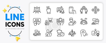 Illustration for Victory hand, Lgbt and Certificate line icons set for app include Edit person, Build, Vaccination appointment outline thin icon. Video conference, Plan, Court judge pictogram icon. Vector - Royalty Free Image