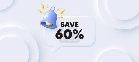 Illustration for Save 60 percent off tag. Neumorphic background with chat speech bubble. Sale Discount offer price sign. Special offer symbol. Discount speech message. Banner with bell. Vector - Royalty Free Image