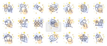 Illustration for Outline set of Capsule pill, Face biometrics and Parking app line icons for web app. Include Rotation gesture, Voicemail, Success pictogram icons. Interview, Fingerprint, Yoga signs. Vector - Royalty Free Image