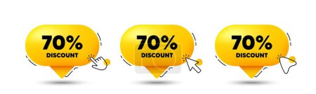 Illustration for 70 percent discount tag. Click here buttons. Sale offer price sign. Special offer symbol. Discount speech bubble chat message. Talk box infographics. Vector - Royalty Free Image