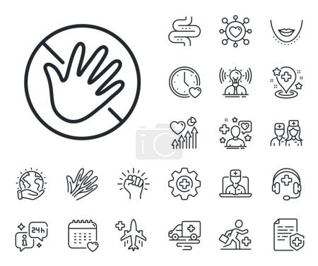 Illustration for Hygiene rules - No touch with bare hand sign. Online doctor, patient and medicine outline icons. Do not touch hand line icon. For clean hands symbol. Do not touch line sign. Vector - Royalty Free Image