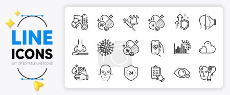 Illustration for Care, Coronavirus statistics and Nasal test line icons set for app include Sick man, Coronavirus, 24 hours outline thin icon. Checklist, Health app, Face id pictogram icon. Vector - Royalty Free Image