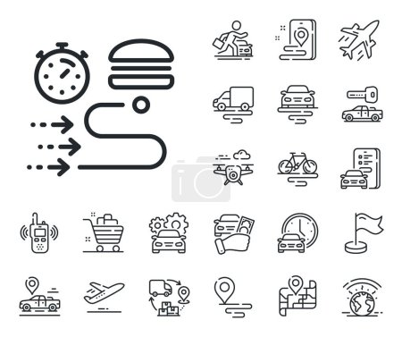 Illustration for Order time sign. Plane, supply chain and place location outline icons. Food delivery line icon. Catering service symbol. Food delivery line sign. Taxi transport, rent a bike icon. Travel map. Vector - Royalty Free Image