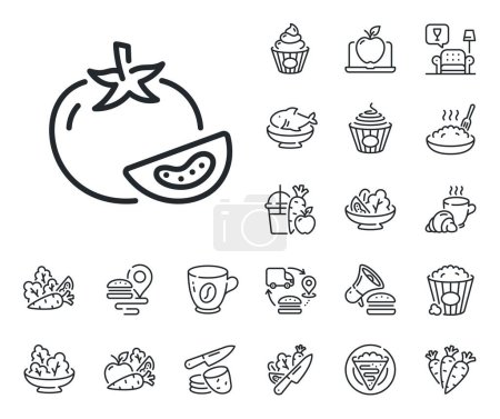 Illustration for Vegetable food sign. Crepe, sweet popcorn and salad outline icons. Tomato line icon. Diet nutrition symbol. Tomato line sign. Pasta spaghetti, fresh juice icon. Supply chain. Vector - Royalty Free Image