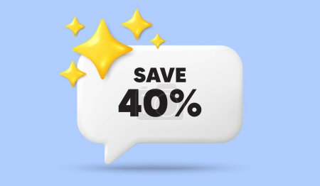 Illustration for Save 40 percent off tag. 3d speech bubble banner with stars. Sale Discount offer price sign. Special offer symbol. Discount chat speech message. 3d offer talk box. Vector - Royalty Free Image