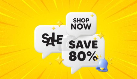 Illustration for Save 80 percent off tag. 3d offer chat speech bubbles. Sale Discount offer price sign. Special offer symbol. Discount speech bubble 3d message. Talk box banner with bell. Vector - Royalty Free Image