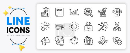 Illustration for Chemical formula, Augmented reality and Vaccine protection line icons set for app include Fake news, Internet, Eco power outline thin icon. Statistics, Report, Microscope pictogram icon. Vector - Royalty Free Image