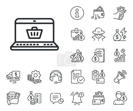Illustration for Laptop sign. Cash money, loan and mortgage outline icons. Online Shopping cart line icon. Supermarket basket symbol. Online shopping line sign. Credit card, crypto wallet icon. Vector - Royalty Free Image