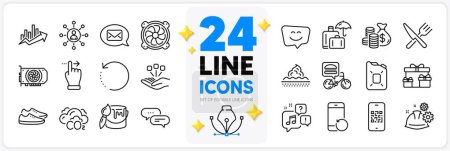 Illustration for Icons set of Voicemail, Coins bag and Recovery phone line icons pack for app with Messenger, Smile face, Qr code thin outline icon. Networking, Dots message, Skin care pictogram. Shoes. Vector - Royalty Free Image