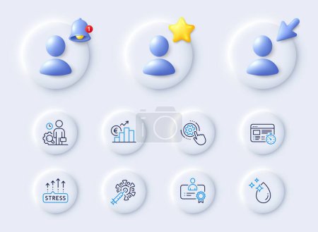 Illustration for Coronavirus vaccine, Water drop and Euro rate line icons. Placeholder with 3d cursor, bell, star. Pack of Web timer, Cogwheel settings, Inspect icon. Certificate, Stress grows pictogram. Vector - Royalty Free Image