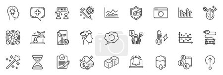 Illustration for Icons pack as Dirty water, Difficult stress and Qr code line icons for app include Trade infochart, Medical tablet, Mindfulness stress outline thin icon web set. Magic wand. Vector - Royalty Free Image